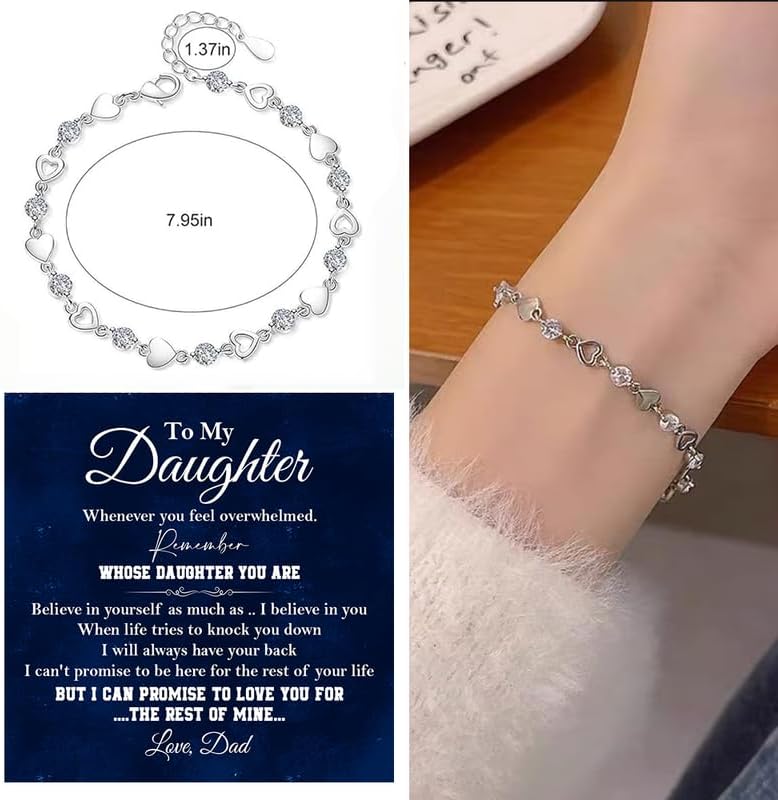 To My Daughter Bracelet, Silver Heart Chain Bracelet with Shiny Stones, Perfect Birthday or Graduation Christmas Gift for Daughter with Message Card Gift Box - Image 2