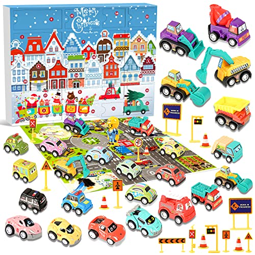 Humairc Calendrier de l'Avent Voiture 2022 Noël, 24 Véhicules de Construction Pelle Camions de Pompiers Jeep avec Carte Routière - Calendrier de l'avent Enfant Voiture Cadeaux Surprises de Noël
