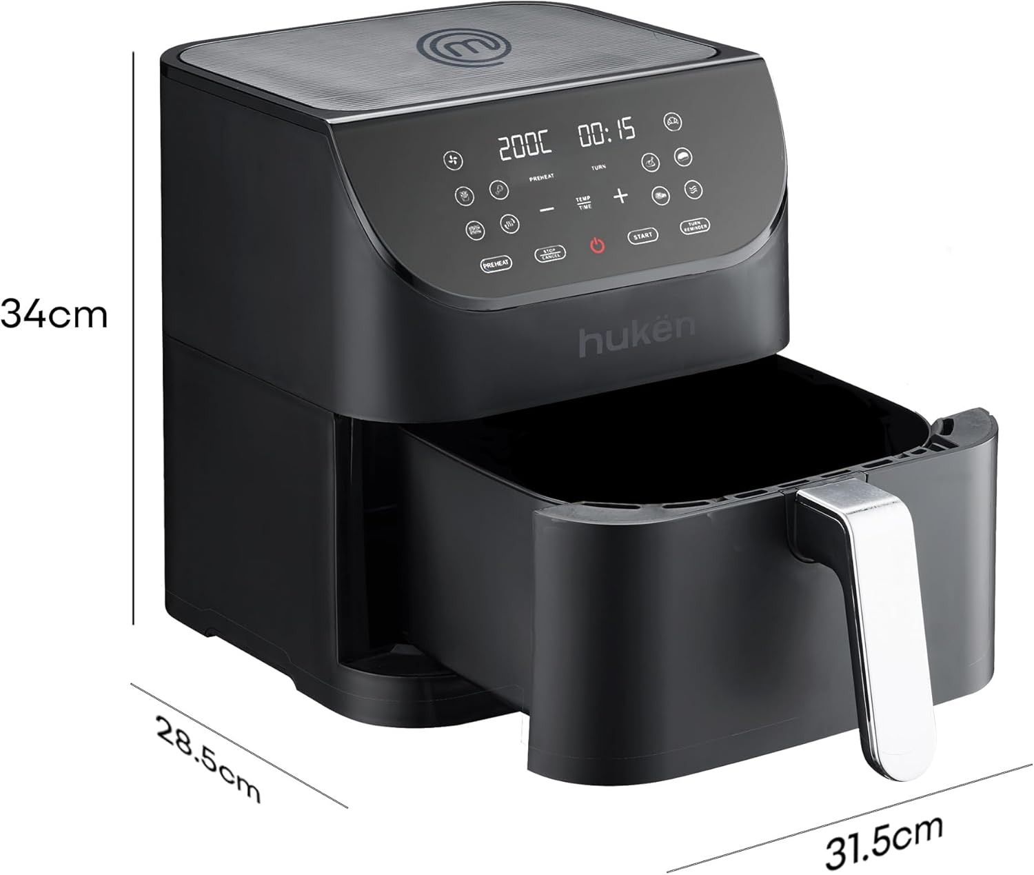 Diagram showing the dimensions of the Hukën x MasterChef Light-Fry 6L Air Fryer.