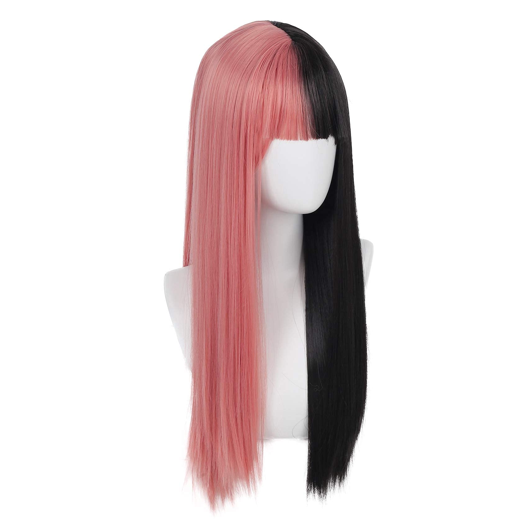 Swiking Lolita Wig - Half Pink, Half Black, Long Straight Cosplay Wig With Bangs, Natural Synthetic Hair