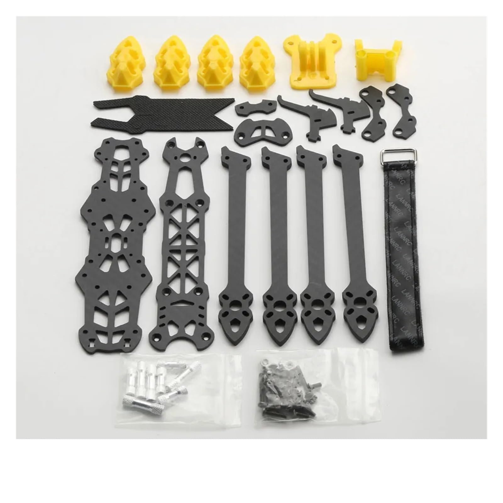 Marco de fibra de carbono Mark4 5inch 225mm brazo 5MM quadcopter | 145*172MM, 102g, placa sup./inf./lateral 2.5MM, soporte cámara 19*19mm(With Yellow Print)