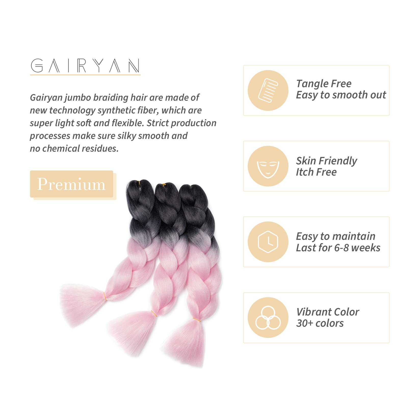 Gairyan Braiding Hair Extensions Ombre Jumbo Braids Synthetic Hair 3 Packs 24 inches 300g Coloured Hair for Braiding Extensions Box Braids Crochet Twist (Black-Pink) - Image 3