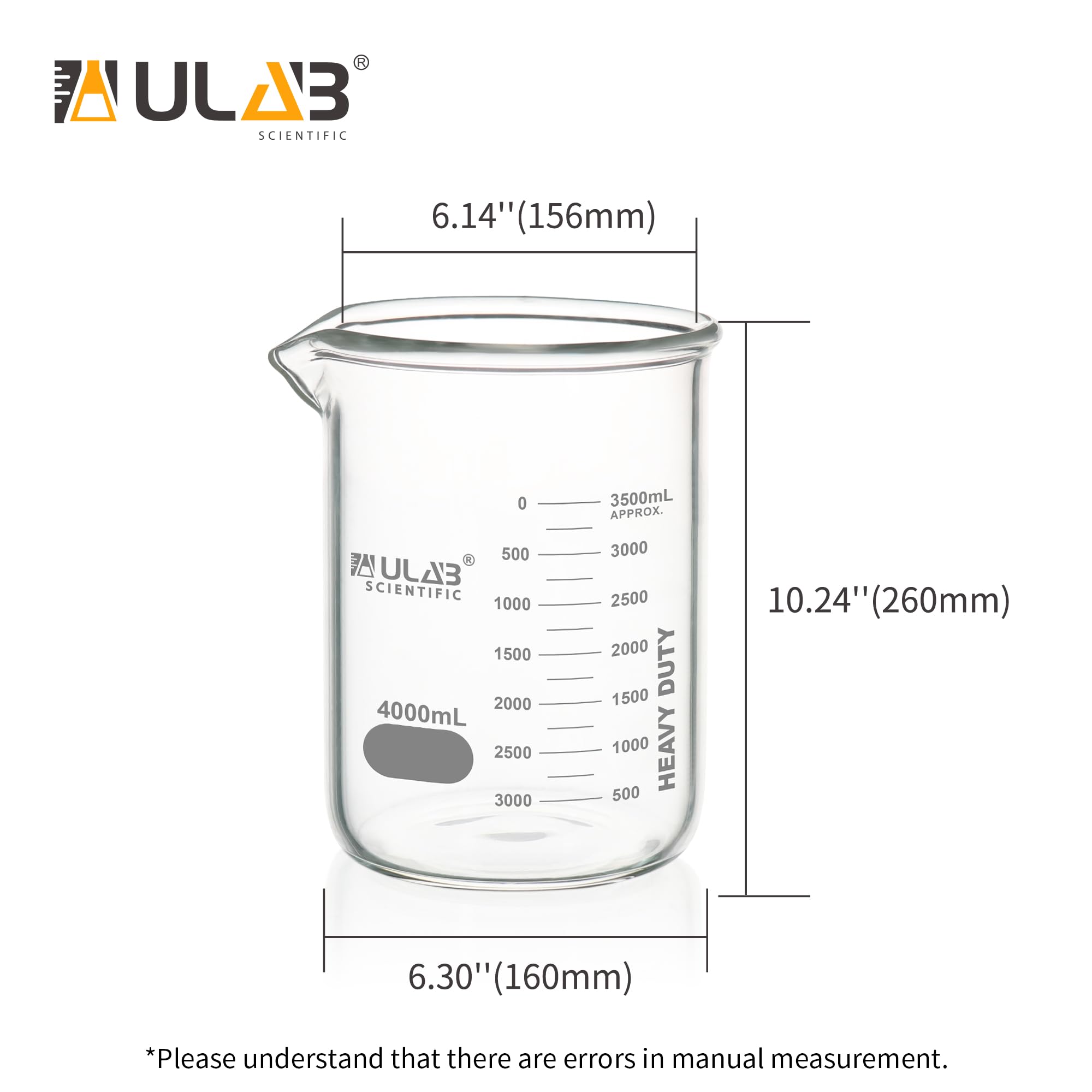 Ulab Glasbecher, strapazierfähig, mit doppelter Skala bedruckter Skala, Vol.4000 ml, UBG1067
