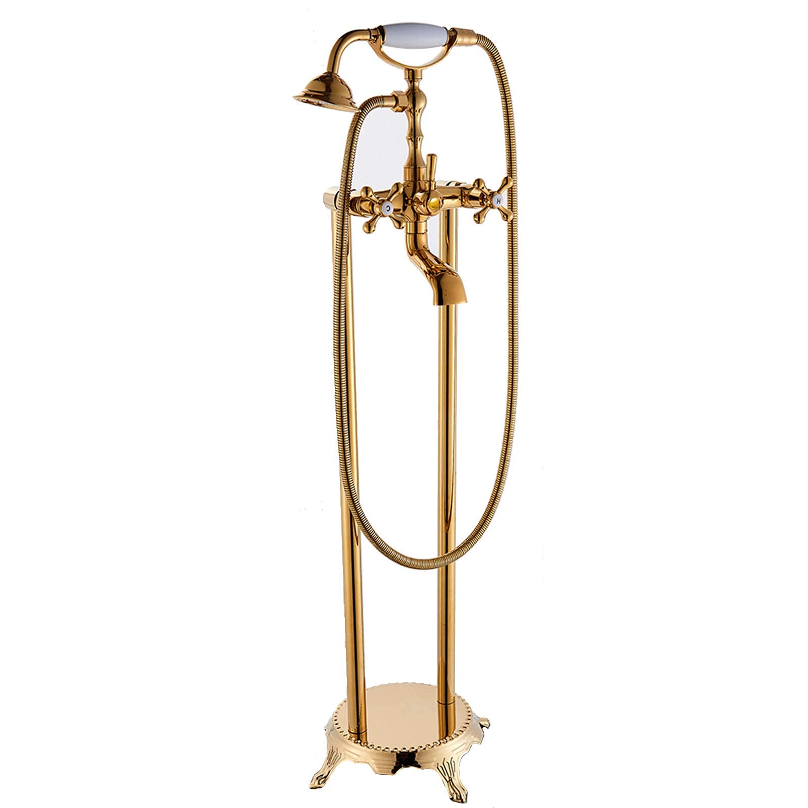 CWCQGH Floor Mounted Bath Faucet Gold, Dual Handle Mixer with Hand Shower, Brass Freestanding Refill Tap, Bathroom Bathtub Shower Set