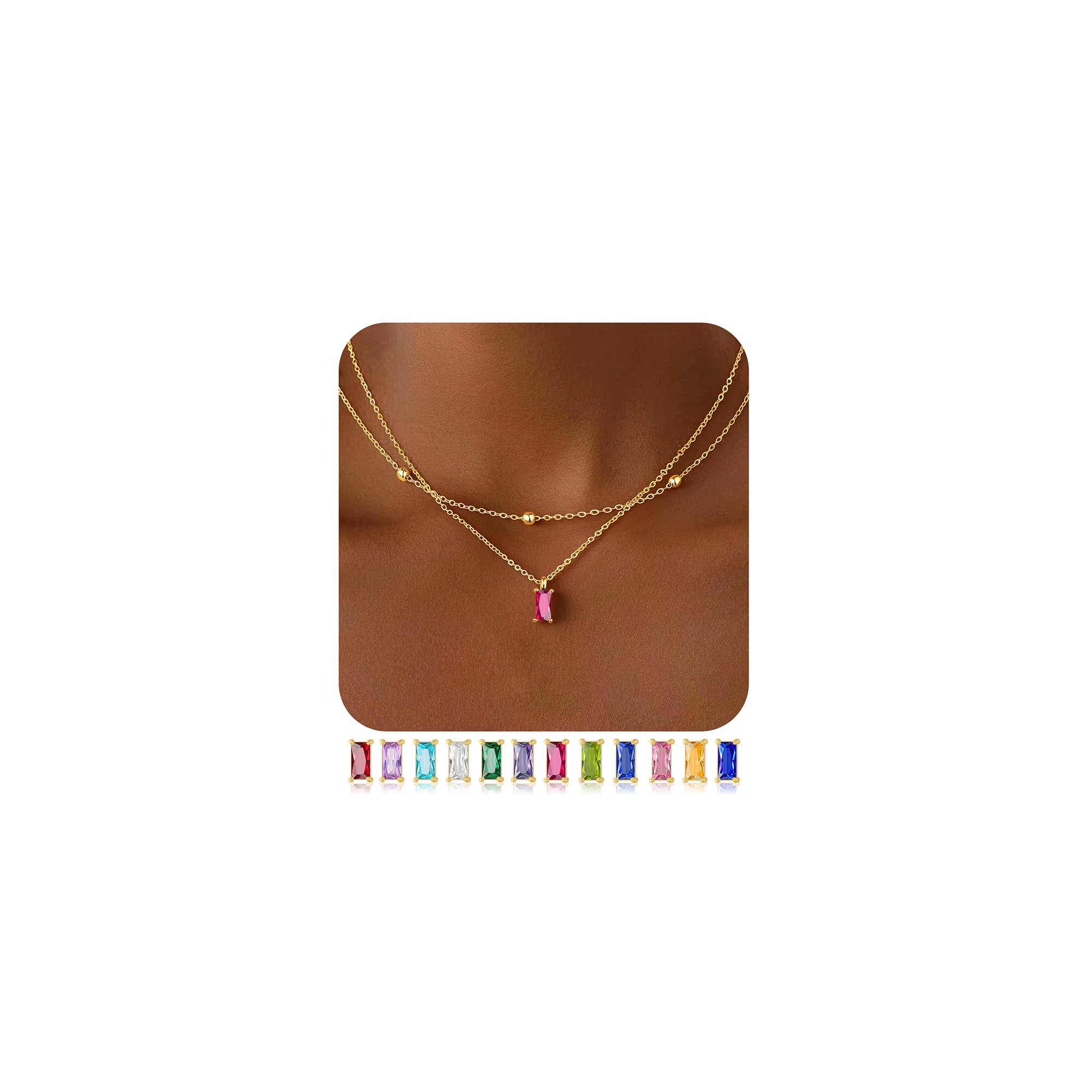 TINGN Muttertagsgeschenke für Mama Kette Gold Farbe Damen 14K Vergoldete Rechteckig Geburtsstein Anhänger Halskette Layered 12 Monate Geburtsstein Kette Schmuck Geburtstagsgeschenke für Frauen Mädchen