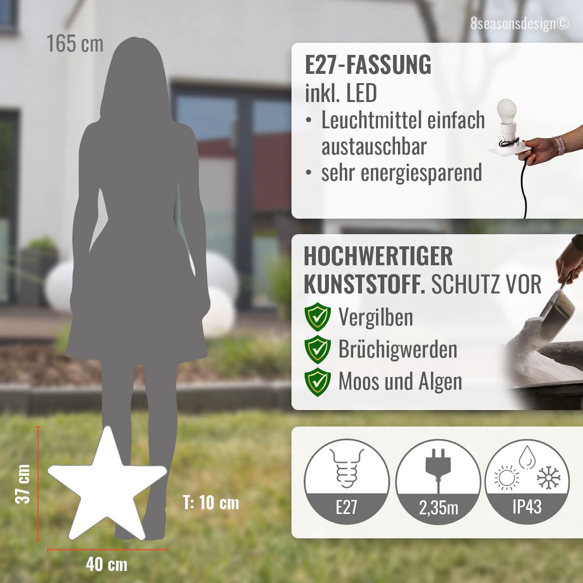 8 seasons design LED Weihnachtsstern 40cm Shining Star (Weiß), E27, Leuchtmittel warmweiß – wetterfest – LED Stern für außen (Garten, Terrasse, Balkon) und innen – winterfest – Weihnachtsbeleuchtung
