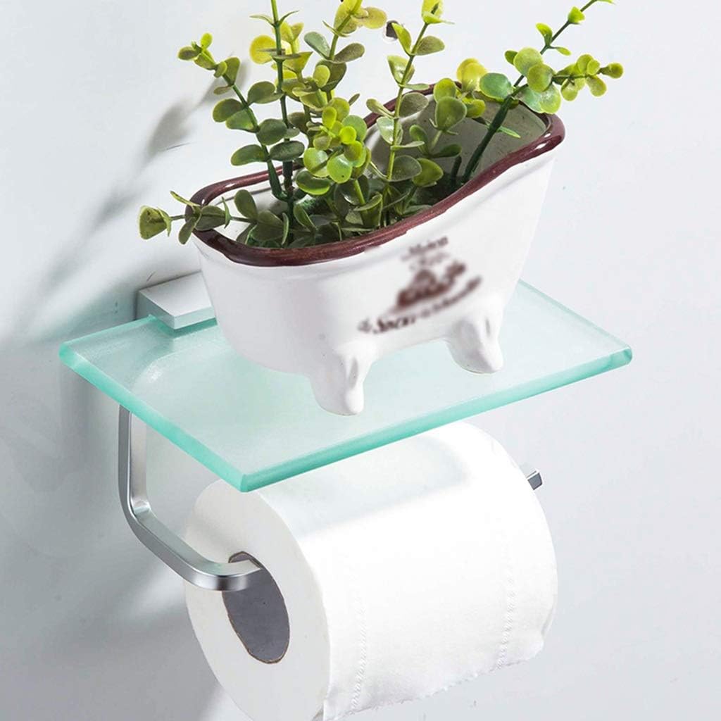 Floating Shelves Glass Mobile Phone Shelf,Space Aluminum Toilet Roll Holder,Convenient and l,for Bathroom Shower Room (Color : Silver, Size : Style 2) (Black Style 1)