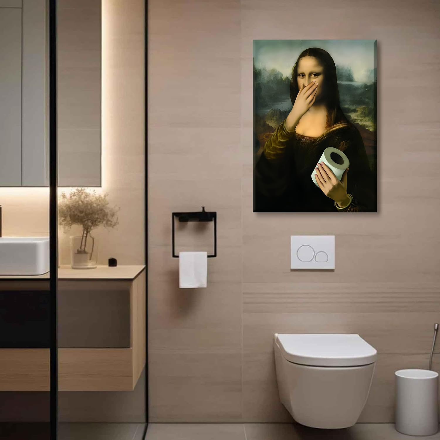 Framed Funny Bathroom Canvas Wall Art Vintage Mona Lisa Wall Decor Humor Toilet Paper Pinching Nose Prints Classical Oil Amusing Prank Posters The World Classic Paintings Reproductions Pictures
