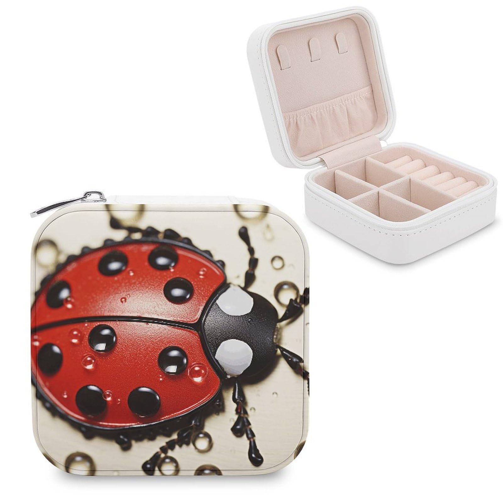 VstaDank Beautiful Ladybug Travel Jewelry Case Zipper Portable Small Jewelry Box Custom Pu Leather Mini Traveling Jewelry Organizer for Rings Earrings Necklace Bracelet Girls Women
