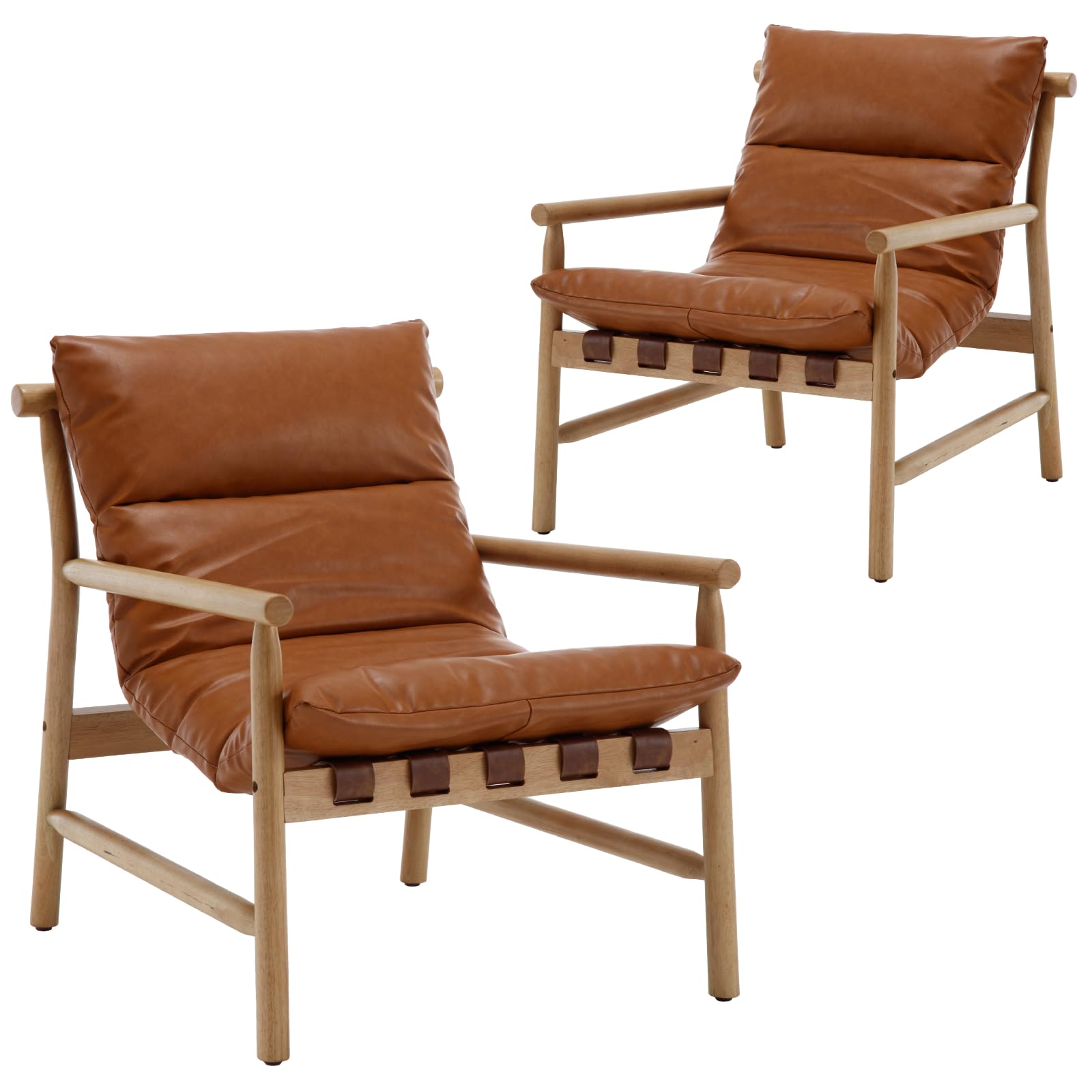 Janoray Mid Century Modern Sling Accent Chairs Set of 2, Faux Leather Living Room Chairs with Solid Wood Frame, Comfy Upholstered Single Sofa Armchair