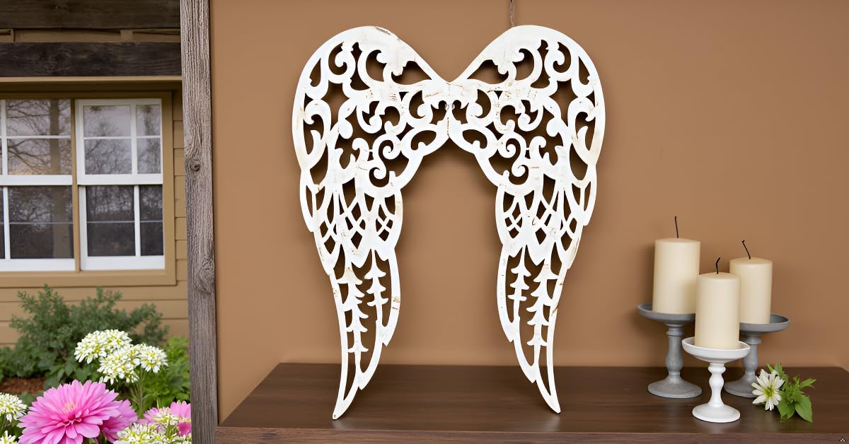 Craig Bachman 17.75 Inch Antique Cream Filigree Angel Wings Metal Wall Decor and Wreath Attachment for Religious Crafts Memorial Displays and Vintage Christian Home Accents