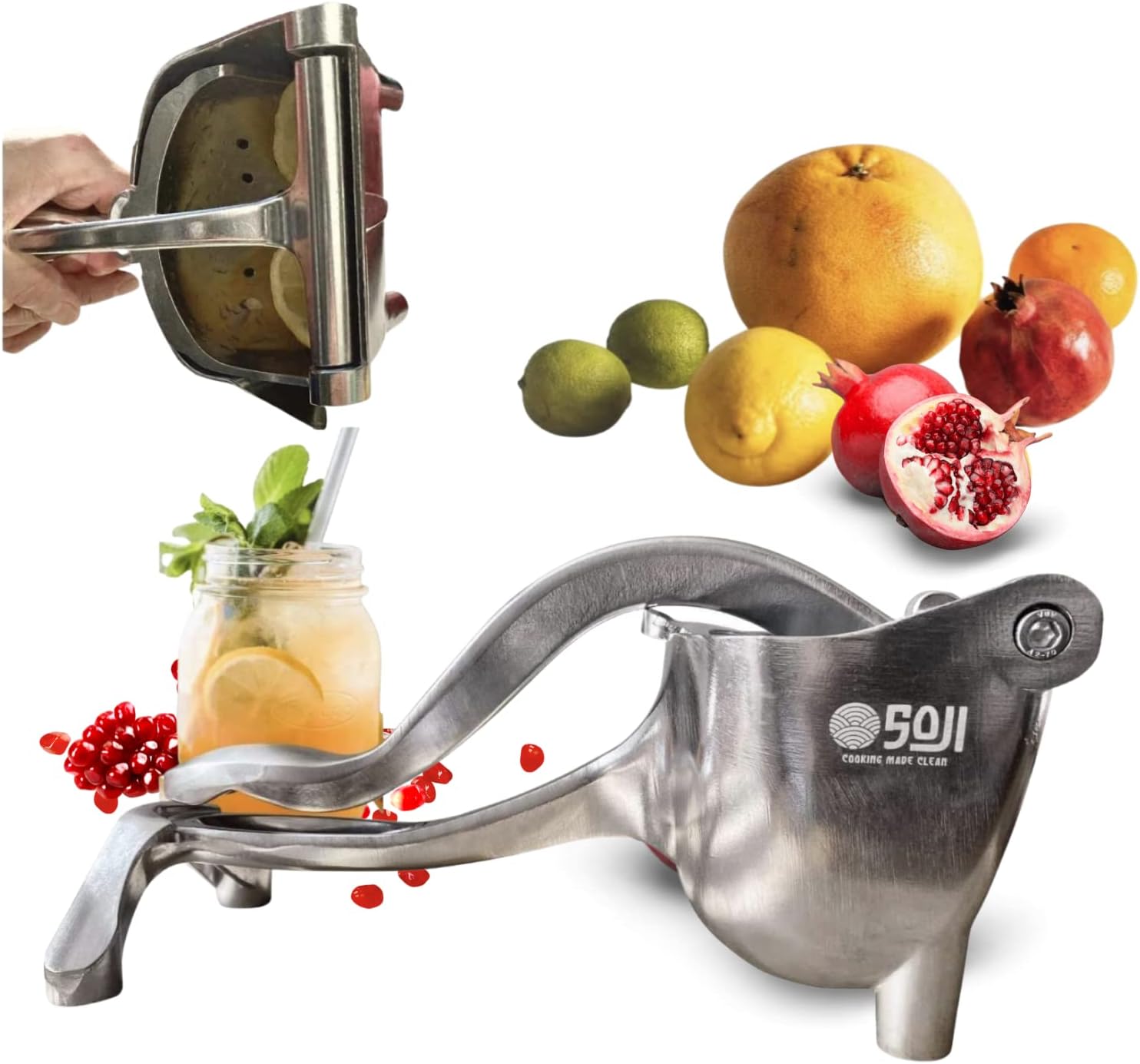 The Soji SuperBeast Manual Juicer - Single Press Fruit Juice Squeezer - Heavy Duty Aluminum Alloy Citrus Squeezer, And Pomegranate Juicer With Seed Filter - Handheld, Easy Clean Cocktail Fruit Juicer