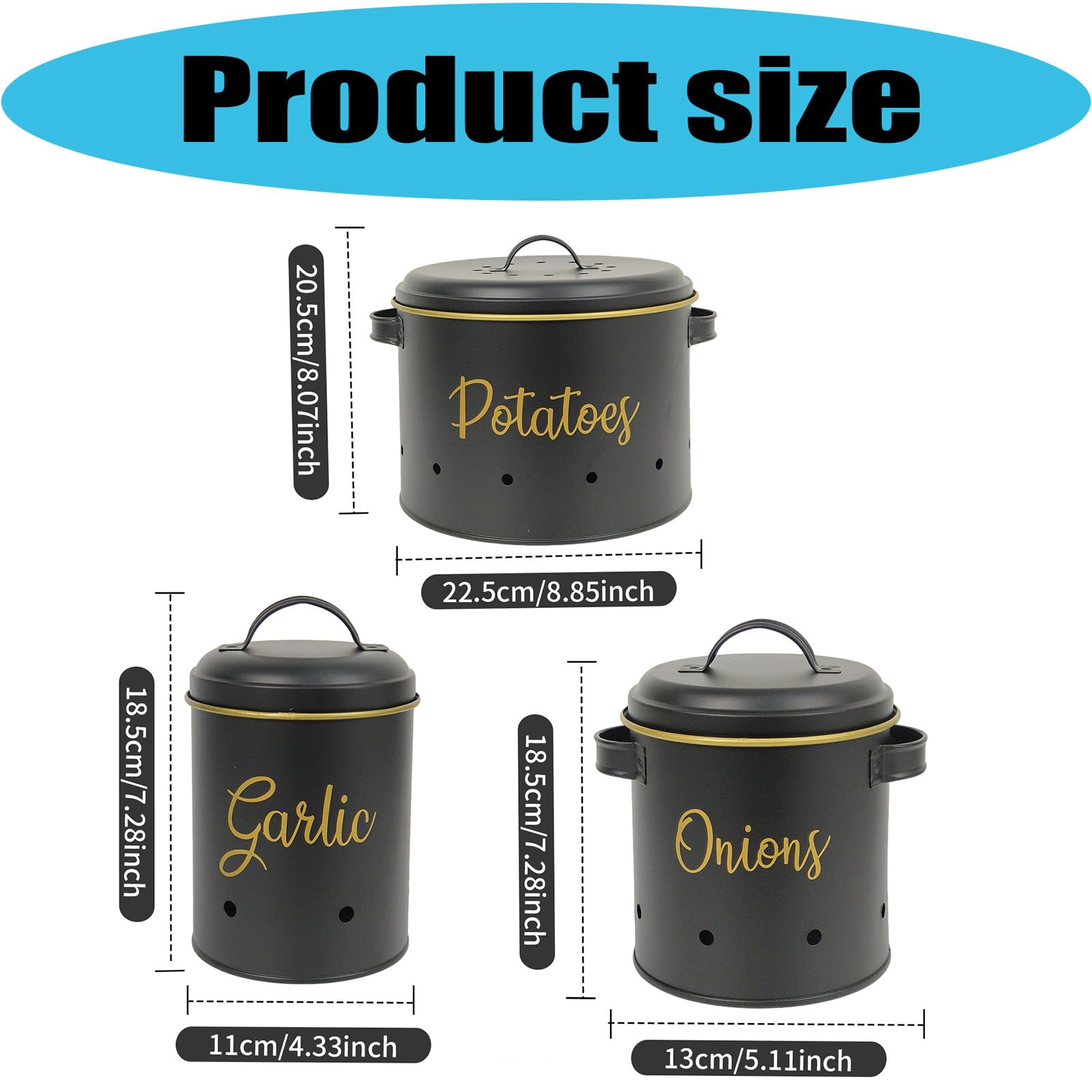 3 contenitori per Patate, cipolle, Aglio, barattoli Metallo, con Coperchio, Contenitore per Verdure da Cucina, per la conservazione degli Alimenti, Set contenitori per Verdure in Metallo