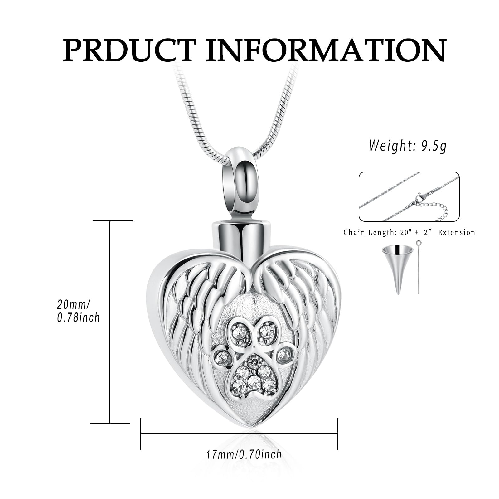 VCCWYQK Heart Paw Print Urn Necklace for Ashes for Dog Cremation Jewelry Angel Wing Heart Urn Locket Pendant for Dog/Cat