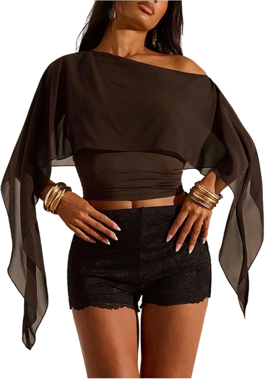 Verdusa Women's Off Shoulder Cape Top Mesh Poncho Cropped Tops T Shirts | Asymmetrical Top, 3/4 Sleeve, Party, Dressy Casual, Slim Fit, Going Out
