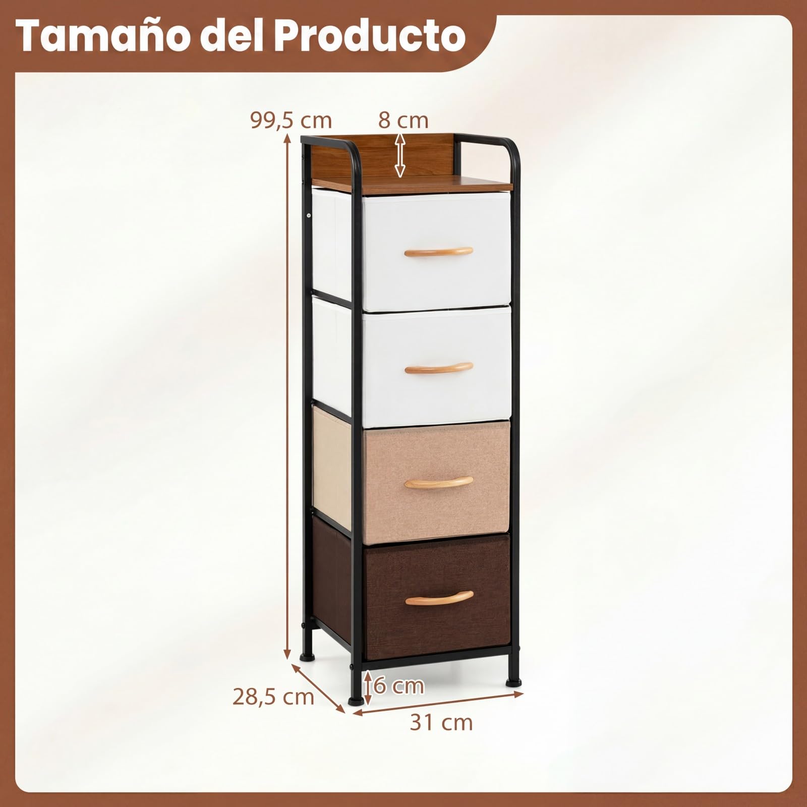 COSTWAY Cómoda con 4 Cajones, Cajonera Estrecha con Cajones de Tela Plegables Extraíbles y Estructura Metálica, Armario Organizador Independiente para Entrada Salón Dormitorio Vestidor