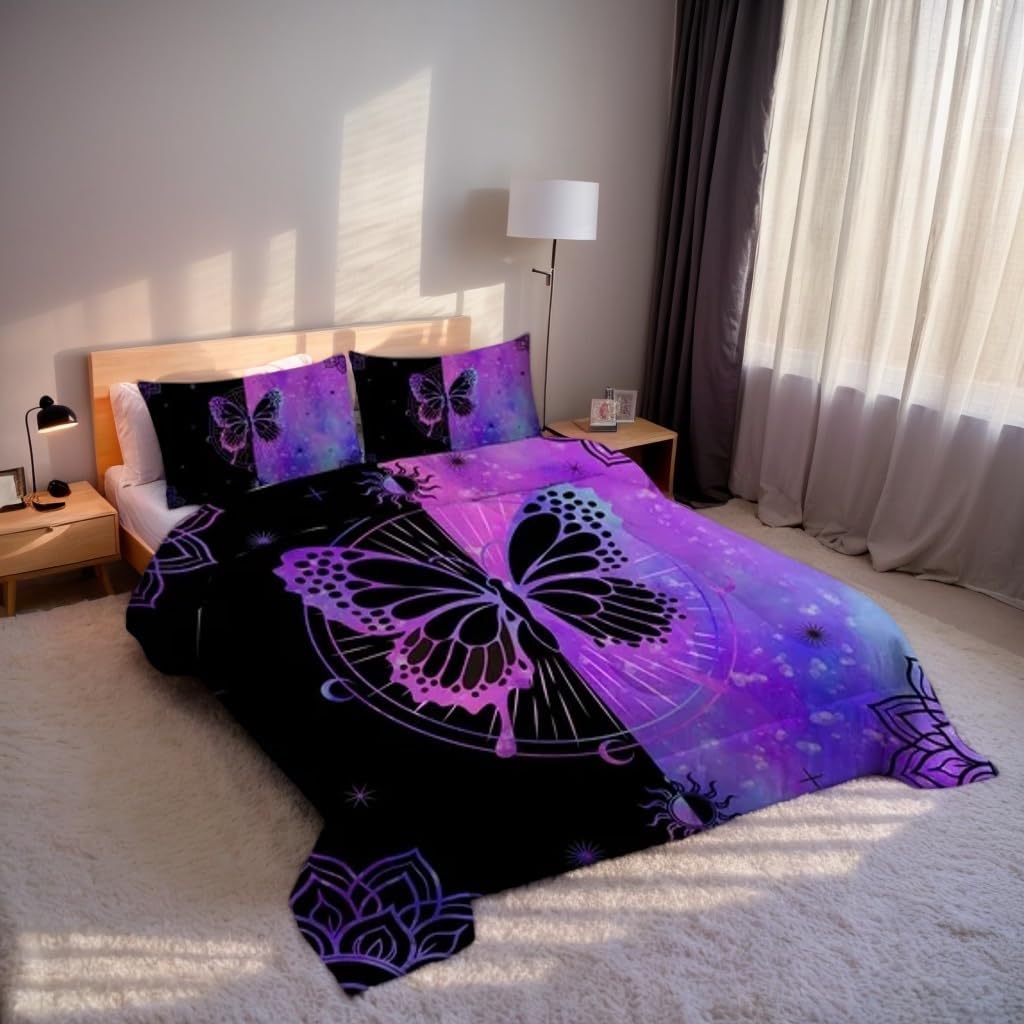 Butterfly Comforter Set Full Size for Girls Kids Teens Black Blue Purple Tie Dye Bedding Set 5 Pieces Bed in a Bag