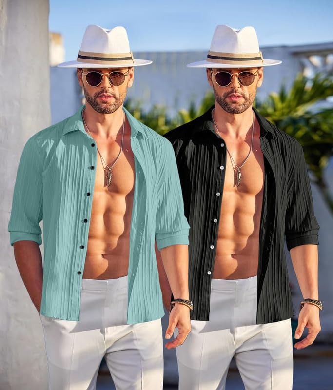 Image of FINIVO FASHION Men's Cotton Blend Shirt Set Lightweight, Full Sleeves, Plain Texture, Button Closure, Summer Ready (Pack of 2)