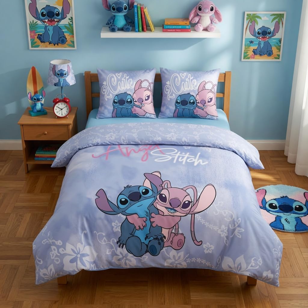 Stitch y Angel Funda Nórdica Cama 150 240x220 + 2 Fundas Almohada 65x65 | Ropa de cama 2 personas reversible | Polialgodón secado rápido | Disney Lilo & Stitch | Regalo pareja | Lavable a máquina