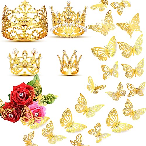 Kigley KIGLEY-0705 40 Pcs Gold Bouquet Accessory Set 4 Pcs Gold Crown Topper And 36 Pcs 3D Gold Butterfly Decorations For Flower Arrangements, Wedding, Birthday Baby Shower Party, Afternoon Tea Cake Decorating cover