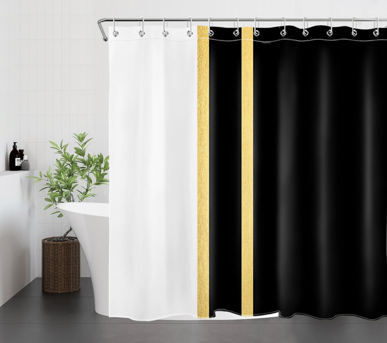 LB Black and Gold Shower Curtain Sets with Rugs Modern Gold Vertical Striped on Black and White Fabric Shower Curtain with Hooks Vintage Patchwork Bathroom Curtains Shower Set, 70x70 inches