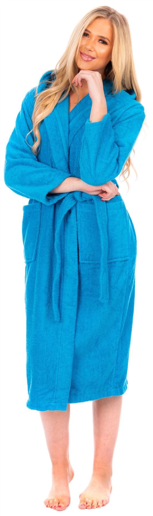 Adore Home Women's Aqua 100% Cotton Hooded Bathrobe Terry Towelling Shawl Collar Bath Robe Dressing Gown