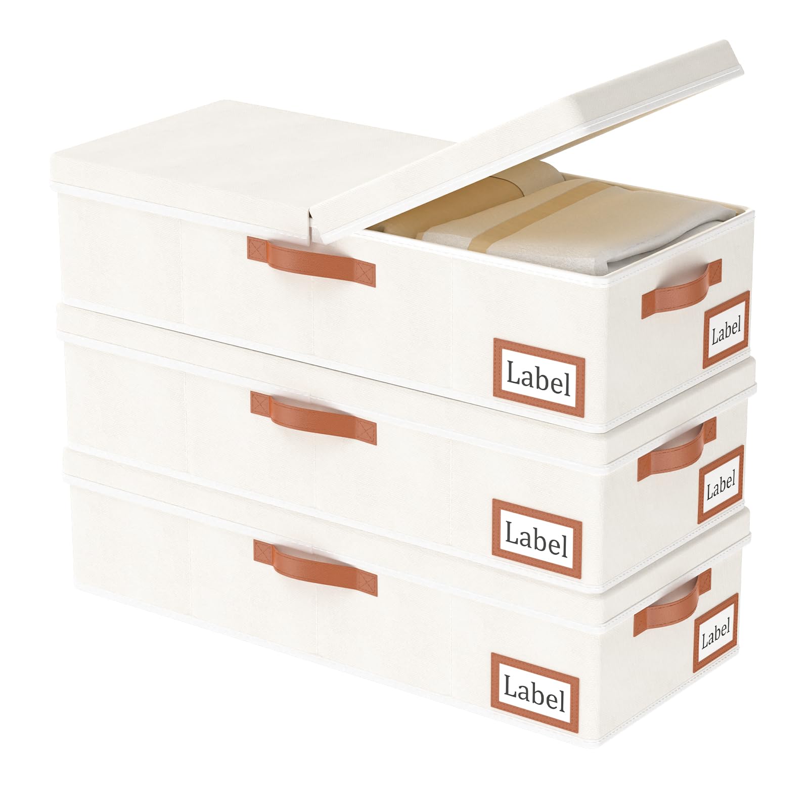 Yawinhe 3 Piezas Cajas Almacenaje Ropa,27L Organizadores de Armarios,Beige | Bolsa de Almacenamiento Debajo de la Cama con Tapa;Caja Organizador Armario Plegable con 2 Ranuras para Tarjetas