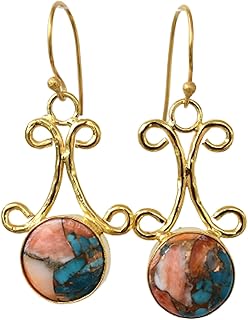 Veracity Jewelry Spiny Oyster Copper Turquoise Round Bezel Bohemian Hippie Women's Fashion Gold Filled Earrings - Oyster Spiny Turquoise Designer Jewelry - VE-131