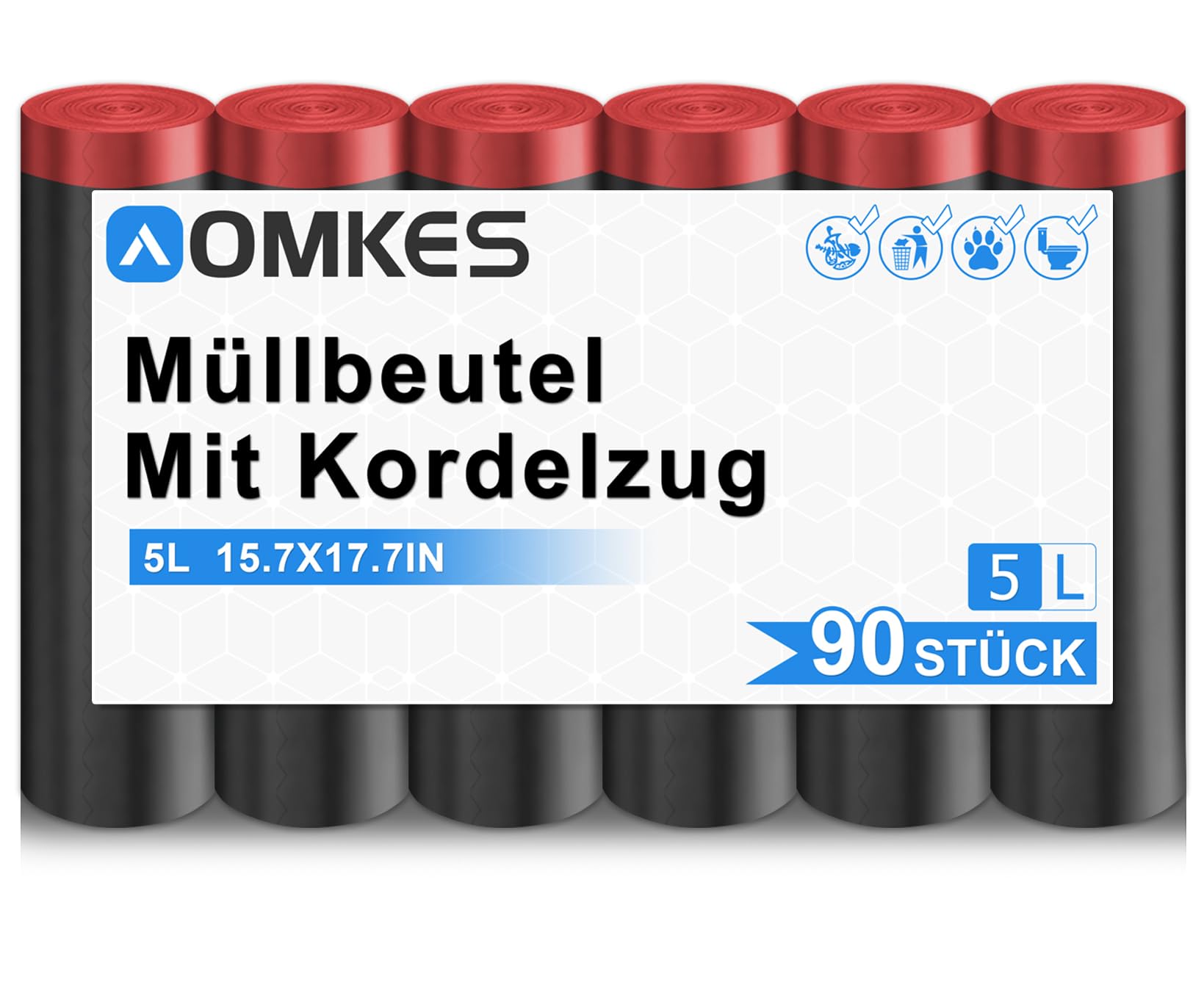 AOMKES Schwarz Müllbeutel 5l mit Zugband Kleine Mülltüten 90 Stück Blickdicht Müllsäcke Reißfest Abfallbeutel