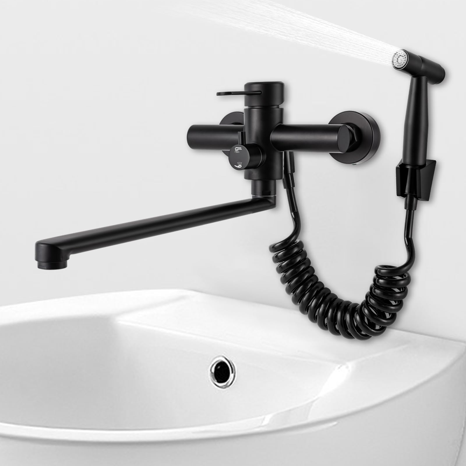 Bateria kuchenna ścienna, czarna, wylewka 35 cm – ze stali nierdzewnej SUS304, tryb odpływu 3 w 1 i termostat, jednouchwytowa bateria do wbudowania/podwójnego zlewu (odstęp otworów 15 cm), 41 × 19,5 ×