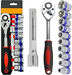 Jogo de Soquetes com Catraca Reversível, 12 Peças, 8-24mm, Chave Catraca 1/2 Polegada