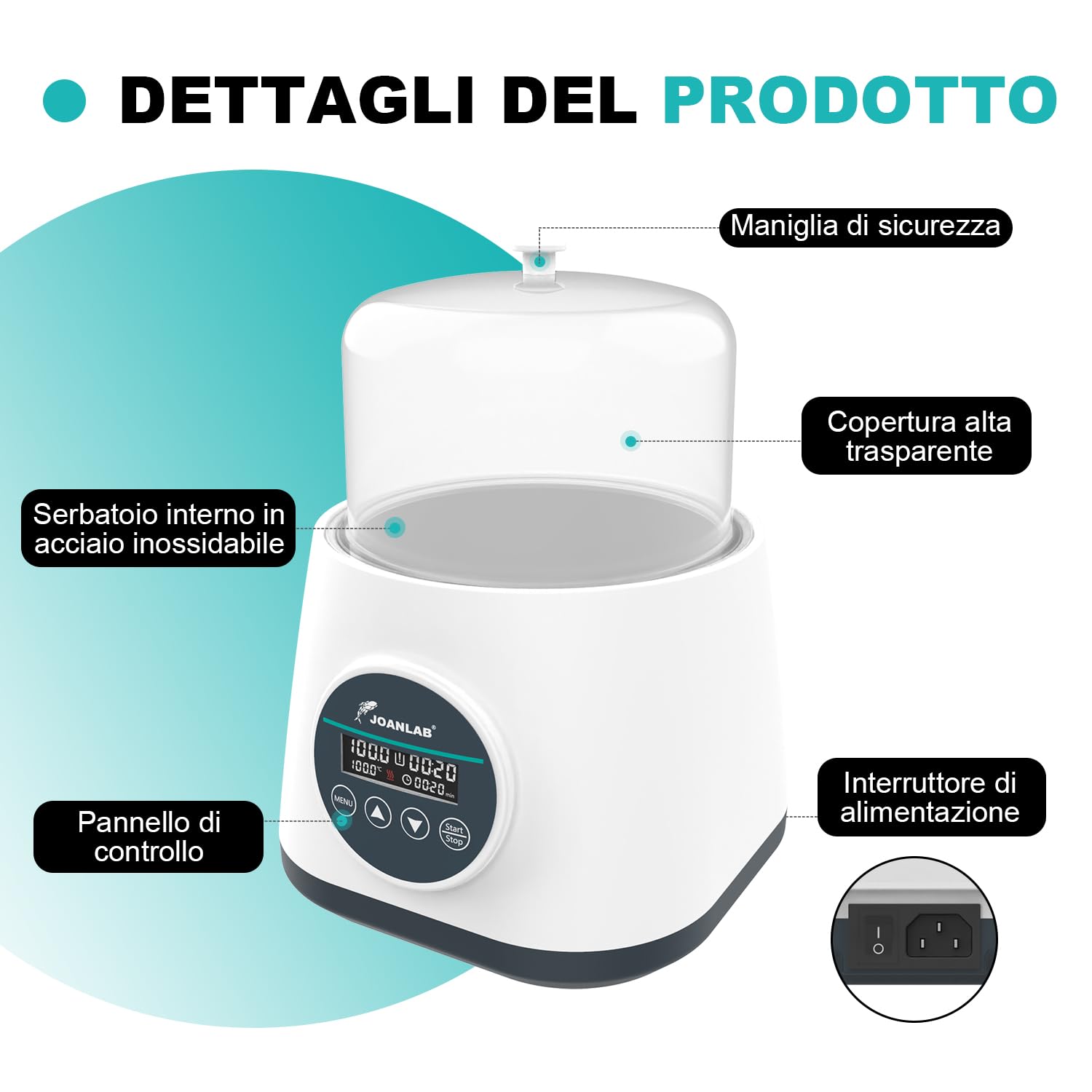 JOANLAB Bagnomaria da Laboratorio 2L Digitale, Riscaldamento di Precisione 100°C, Vasca in Acciaio Inox con Timer & Doppia Sicurezza, Coperchio Trasparente(WB-2S)