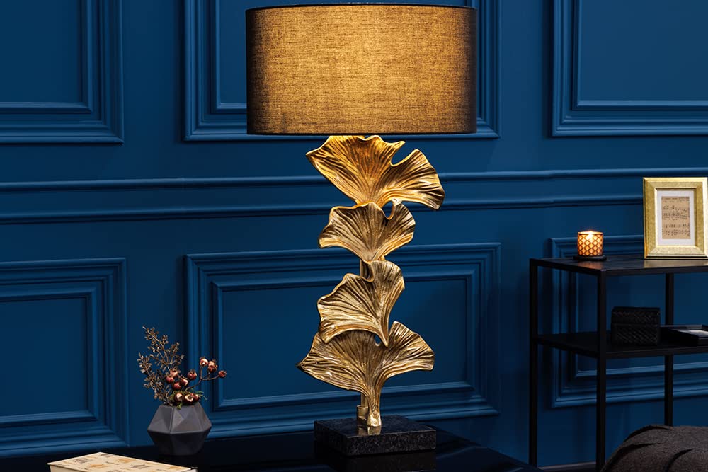 riess-ambiente.de Design Tischlampe GINKGO 70cm schwarz Stoffschirm gold Metall handmade Marmor-Fuß