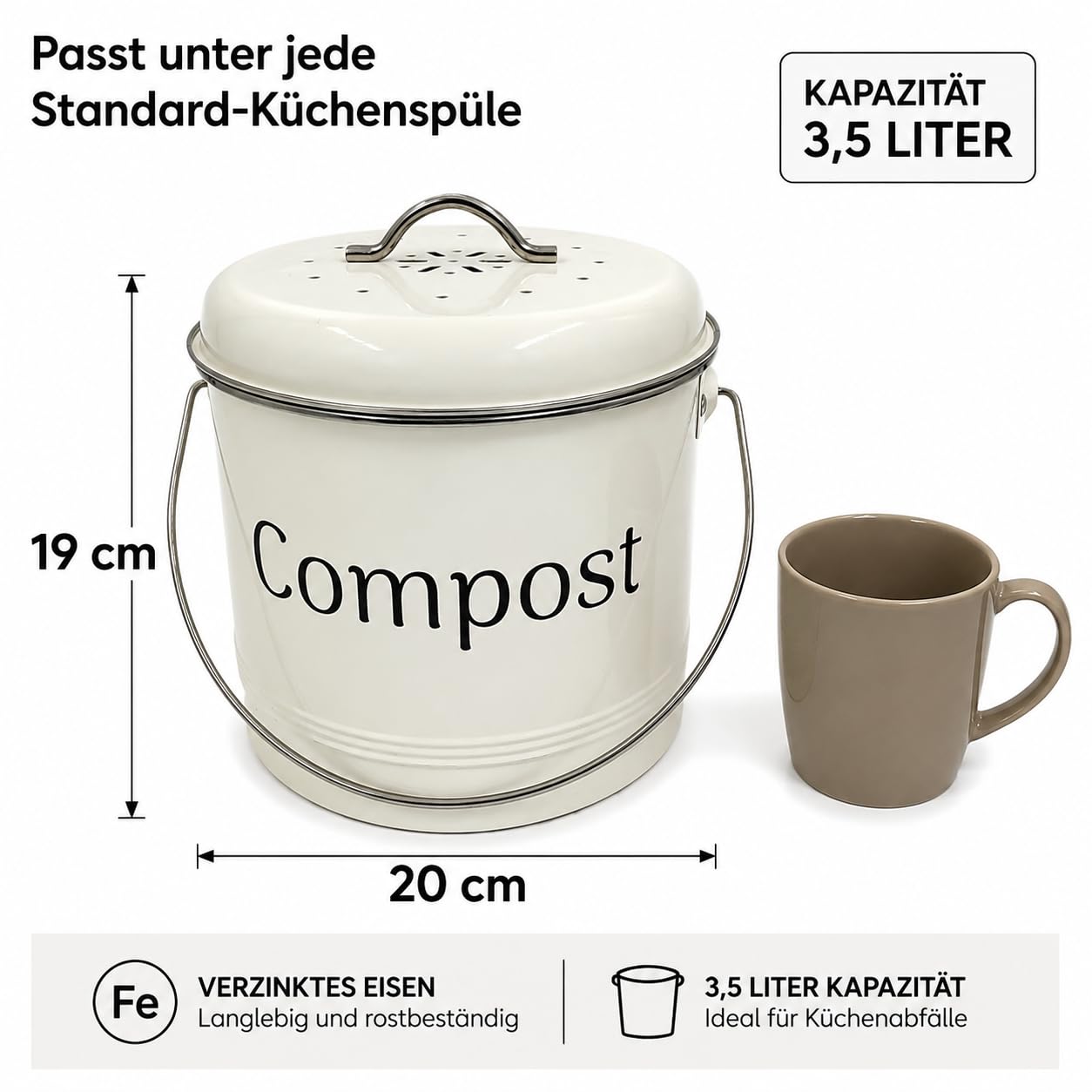 [Ellniges] Komposteimer Küche3,5 L Geruchsdicht aus verzinktem Eisen mit Aktivkohlefilter für Biomüll Spezifikationen: 19*H20,5