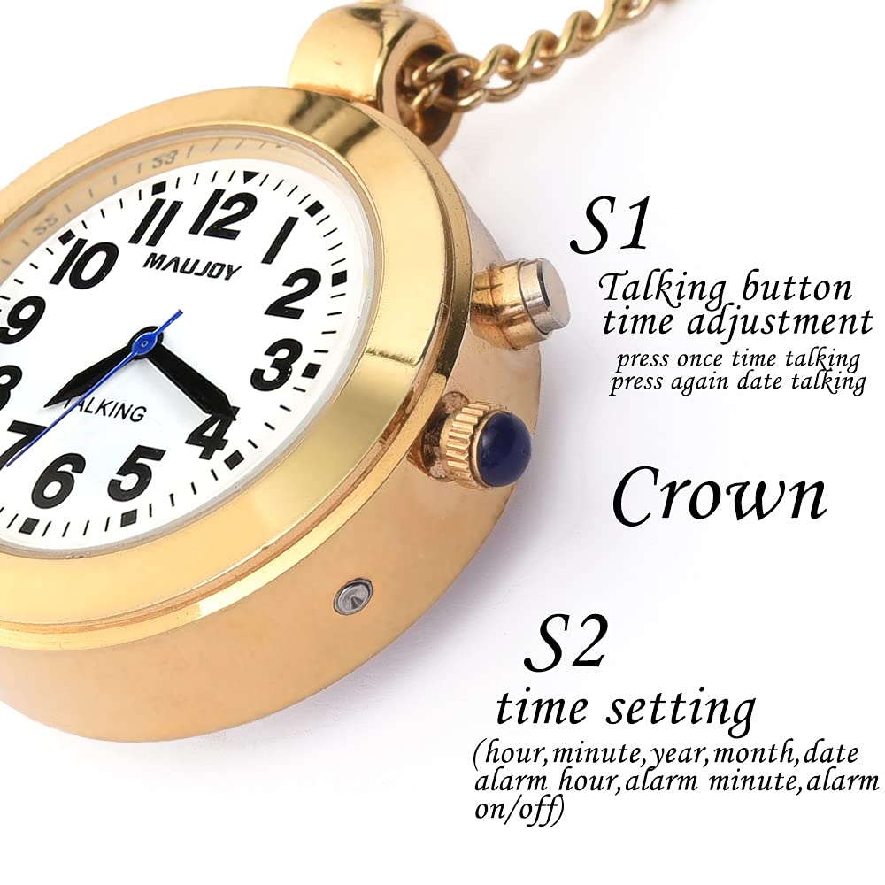 Sprechende Anhängeruhr mit großem Analog-Anzeige und kräftigen Zahlen, Anzeige von Uhrzeit, Datum und Tag oder Weckzeit, perfekt für Blinde, ältere Menschen oder Sehbehinderte, gold