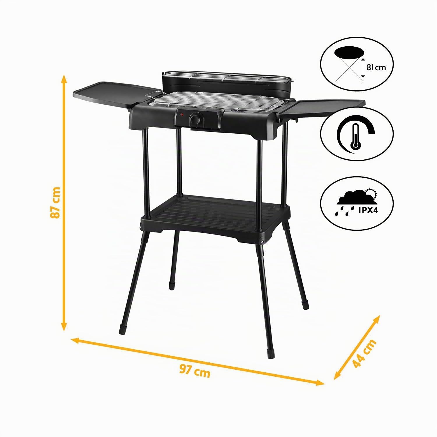 TZS First Austria - Barbacoa Eléctrica 2200W - Grill 2 en 1 con Paravientos - Termostato Regulable - Sin Humo con 2 Mesas Laterales - Balcón y Mesa - Negro