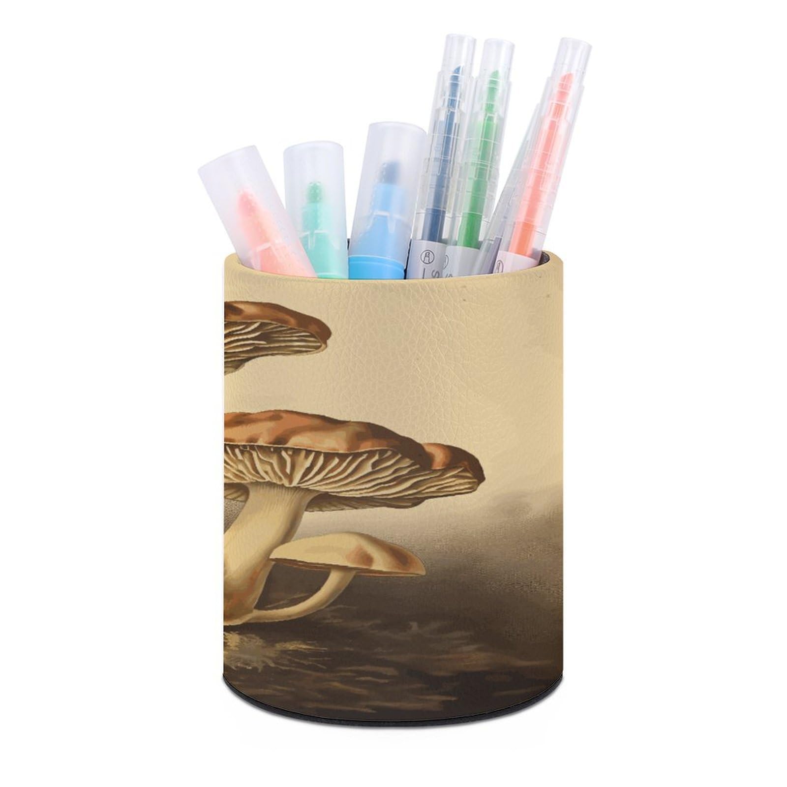 LDGSUPH Vintage Mushrooms Round Pen Holder Leather Pen Cup Pencil Cup Pen Organizer Pencil Holder for Desk Organizer Pencil Organizers Makeup Brush Holders for Home Office Gift