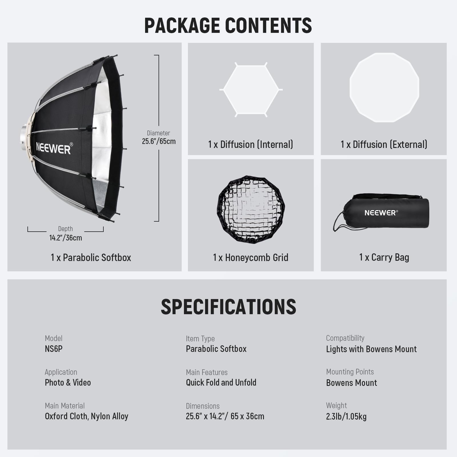 NEEWER Bowens Mount Parabolic Softbox Dodecagon, Quick Release Soft Box z dyfuzorem/siatką/torbą do oświetlenia wideo stroboskop CB60 CB200B MS60C MS150B S101 Vision 4 Q4 kompatybilny z Godox, NS6P