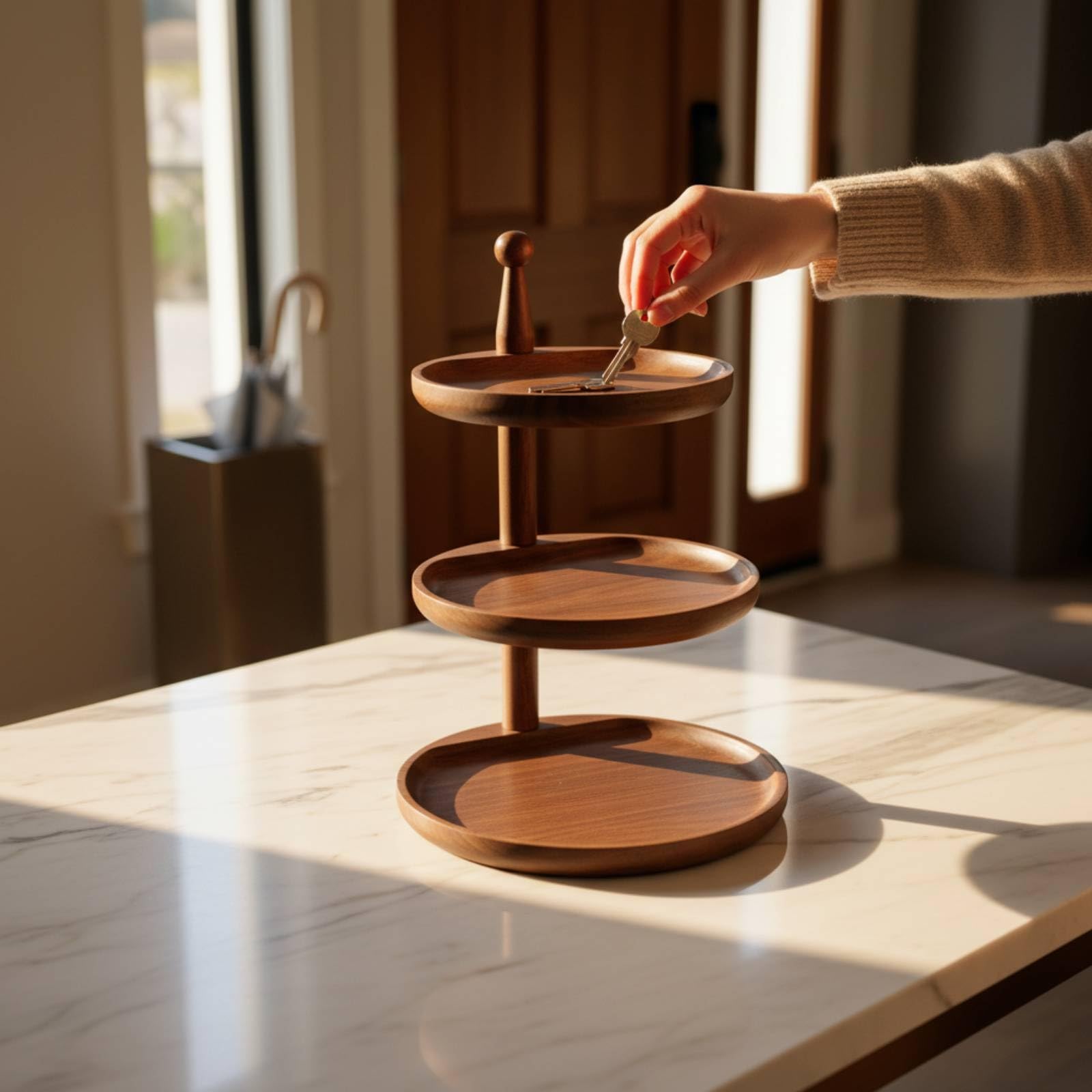 Organizzatore Girevole in Legno Compatto Portaoggetti a più Livelli Ordinato Svuotatasche in Legno per Ingresso, style to 4