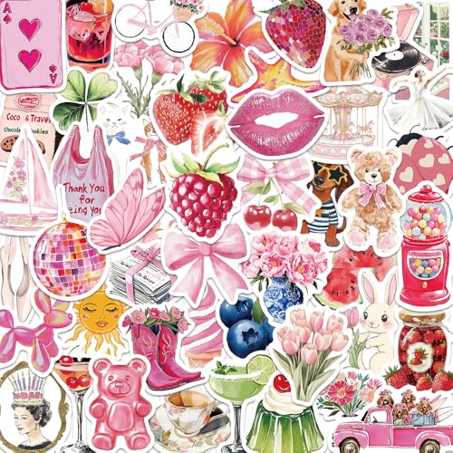 55 PCS Vintage Pink Stickers Waterproof Retro Aesthetic Stickers for Water Bottles Laptop Scrapbook Journaling Decorative Decals for Adults