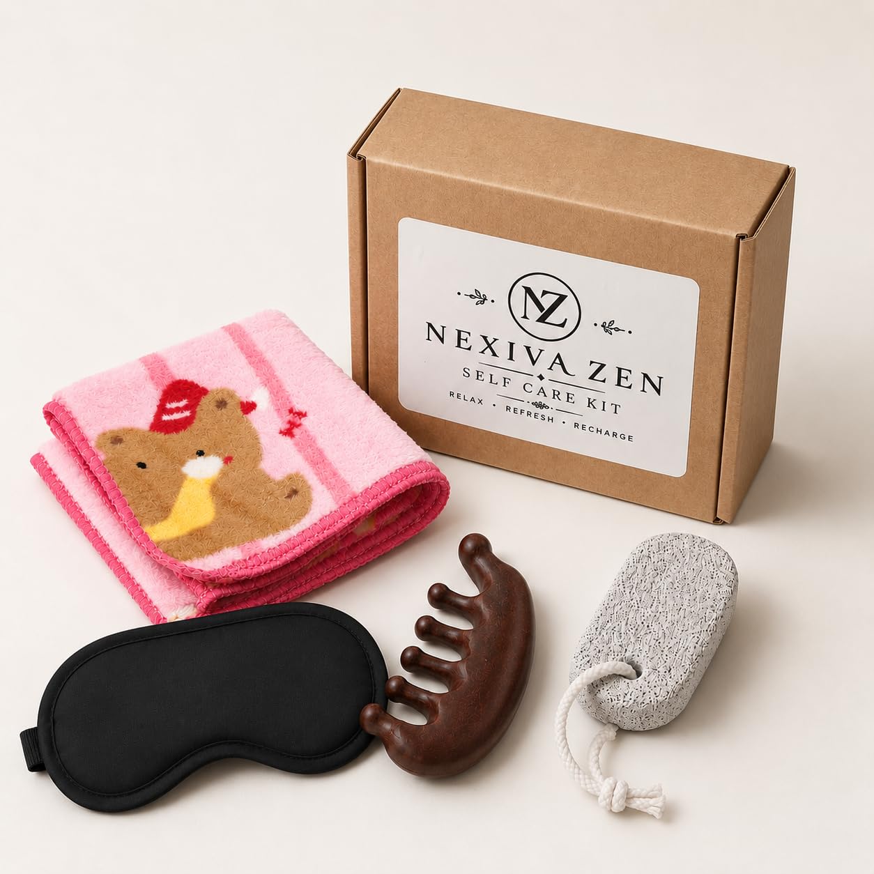 Self Care Kit for Women and Men - Gift Box with Wooden Scalp Comb, 2 Soft Face Towels, Pumice Stone & Eye Mask-image-27