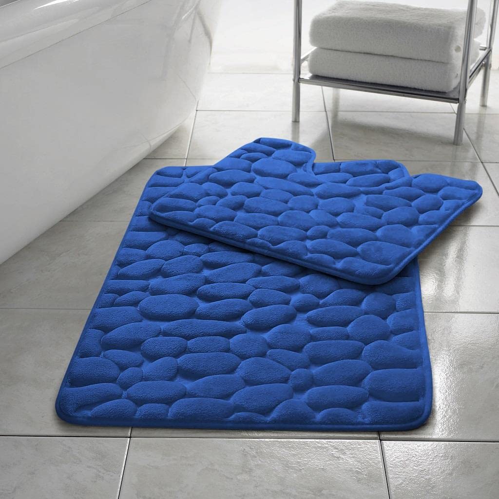 Homespace Direct Memory Foam Bath Mat / Toilet Mat Set Pebbles Non- Slip Blue