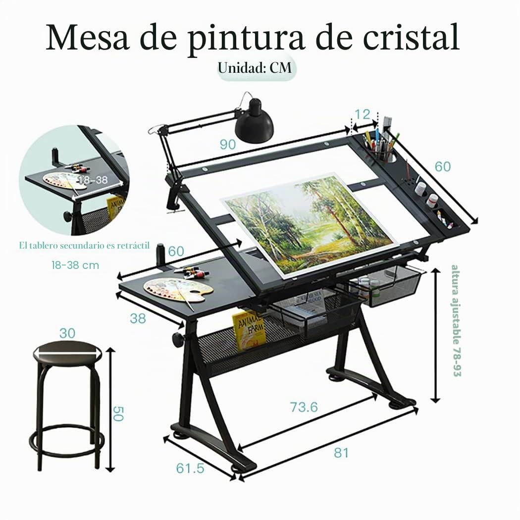 Mesa de dibujo de artistas de altura ajustable con taburete, estación de trabajo perfecta para artistas, parte superior de vidrio templado, 2 cajones, escritorio inclinable para leer, dibujar,