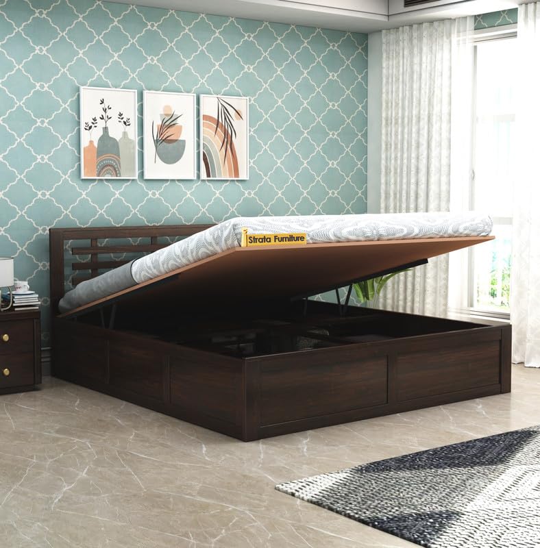 STRATA FURNITURE Sheesham Wood Queen Size Bed with Hydraulic Storage and Headboard for Bedroom Living Room Home Wooden Double Bed Cot Palang Furniture (Walnut Finish)