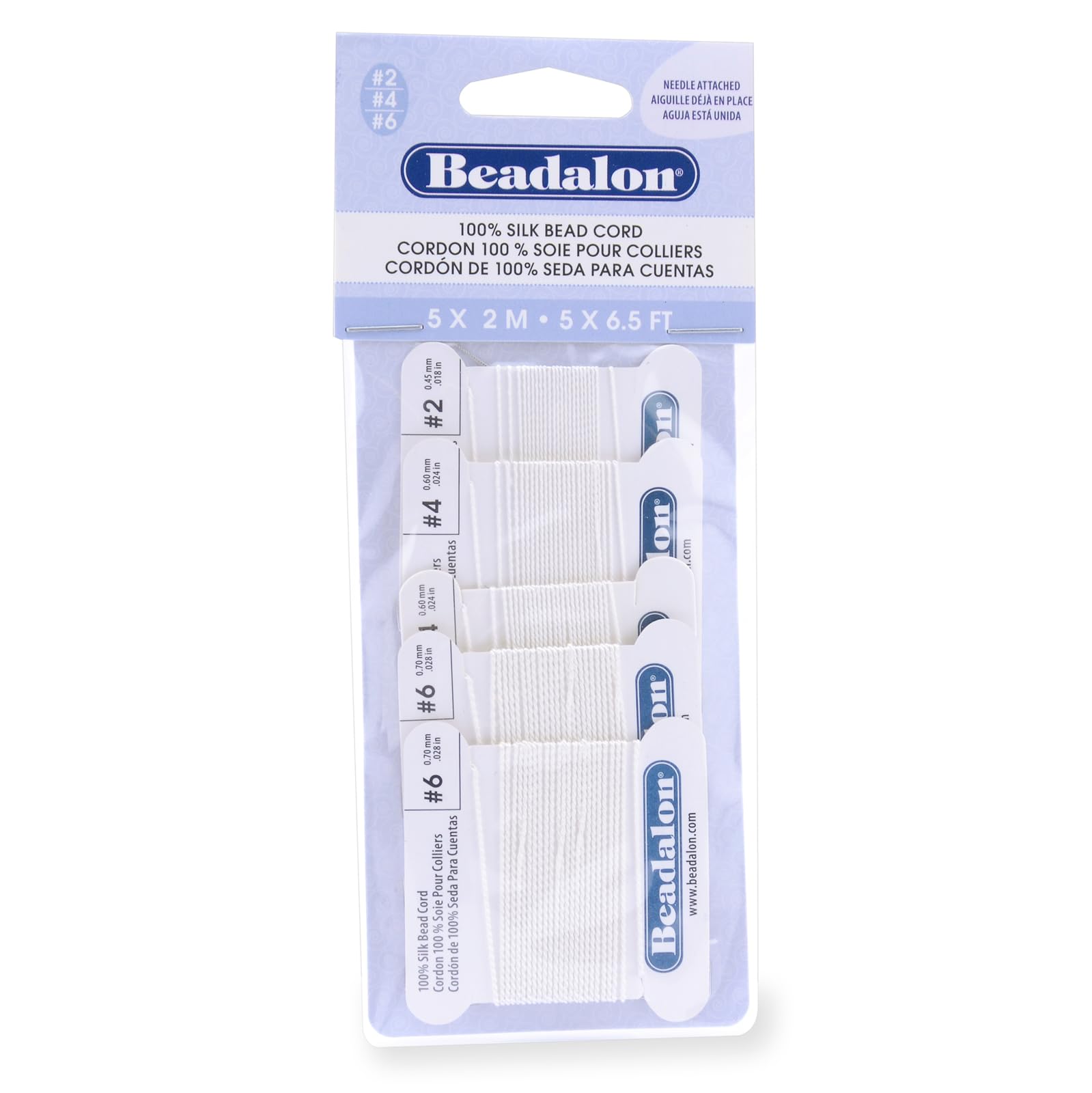 Beadalon 106A-120 Silk Thread, Variety Pack, Sizes 1x02, 2x04, 2X06, 2 Meters Each with Needle, White