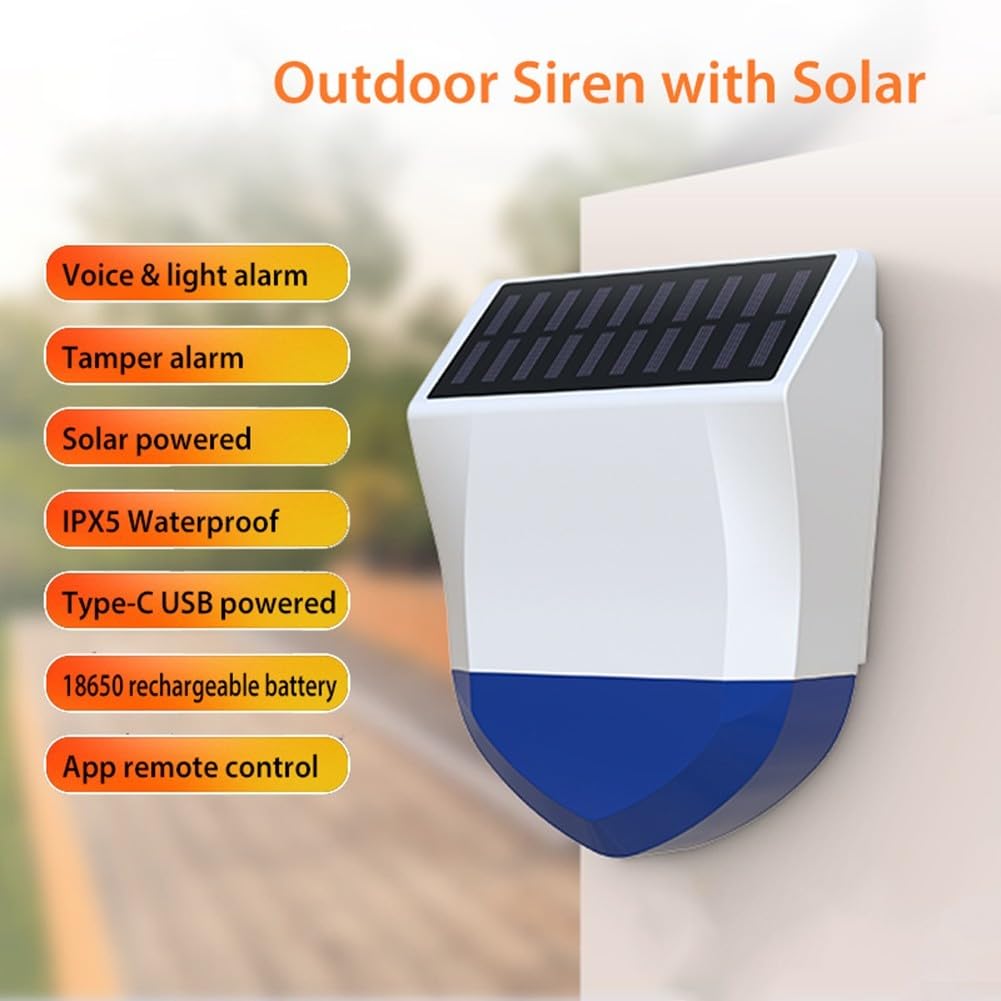Sistema de alarma de seguridad accionado por energía solar para, sonido y luz a prueba de lluvia ABS, dispositivo externo de batería para hogar al aire libre