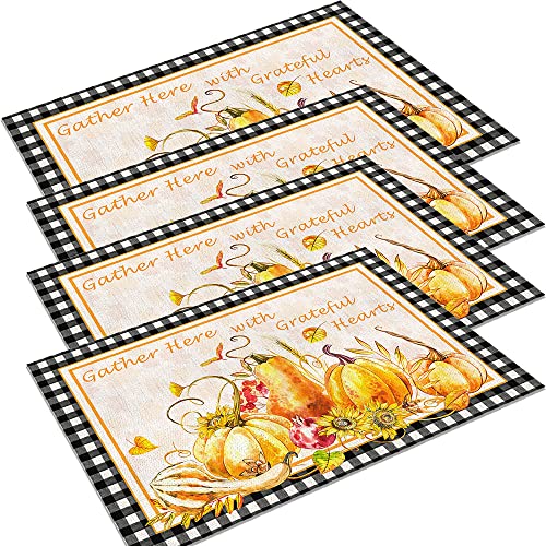 Thanksgiving-Tischsets, 4 Stück, Herbstblätter, Kürbis, Happy Thanksgiving Day, hitzebeständig, schmutzabweisend, waschbar, für Küche, Esszimmer, Tischdekoration, 33 x 48 cm Cover