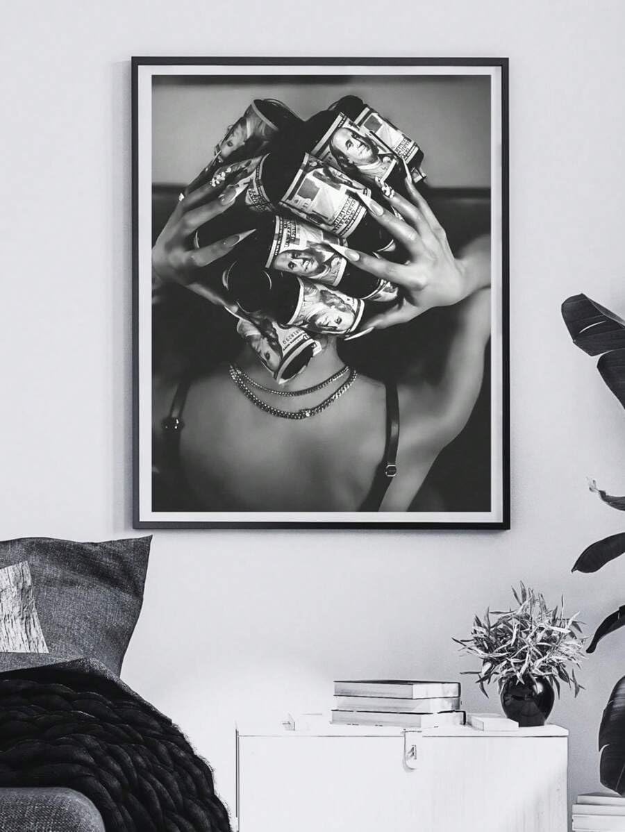 CHAOJIART Moda czarne kobiety sztuka, pieniądze na głowie obraz na płótnie druk artystyczny obraz ścienny do salonu sypialni łazienki wystrój (70 x 100/bezramowy)