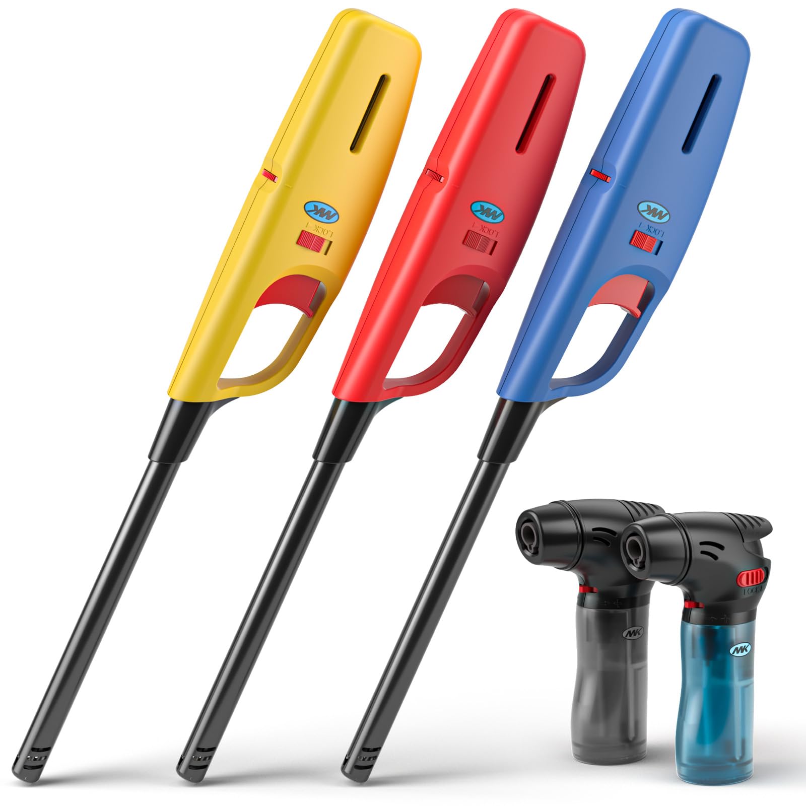 MK Lighter 5-Pack Multi-Purpose Butane Lighters 3 Large Long Lighters Soft Flame Utility 2 Mini Torch Assorted Colors