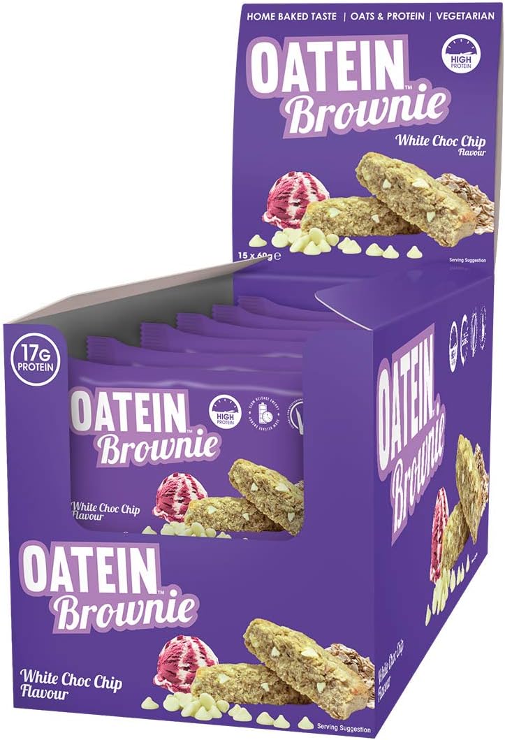 Oatein Brownie (15 x 60g) - High Protein Brownie With Oats Complex Carbohydrate Healthy High Fibre Vegetarian Snack Brownie - White Chocolate Flavour
